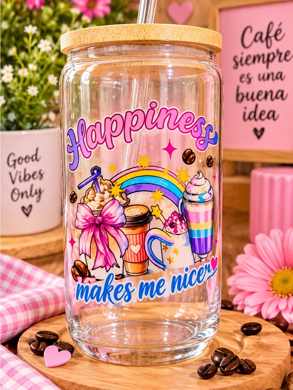 Happiness Makes Me Nicer Rainbow Drink Tumbler with Bamboo Lid